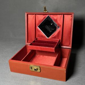 Vintage Jewelry Box W/Mirror 2 Tier Brass Lock Red Velvet-MCM-Boudoir